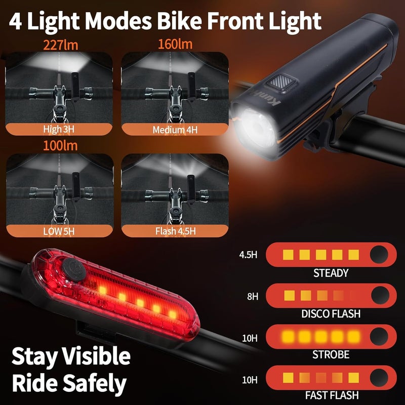 Kunhe 227 Lumens 1600mAh Bike Light Set (1or2or4 or 8 Packs) Rechargeable Front & Rear Bicycle Lights with IPX4 Waterproof 4 Modes for Night Cycling - Image 2